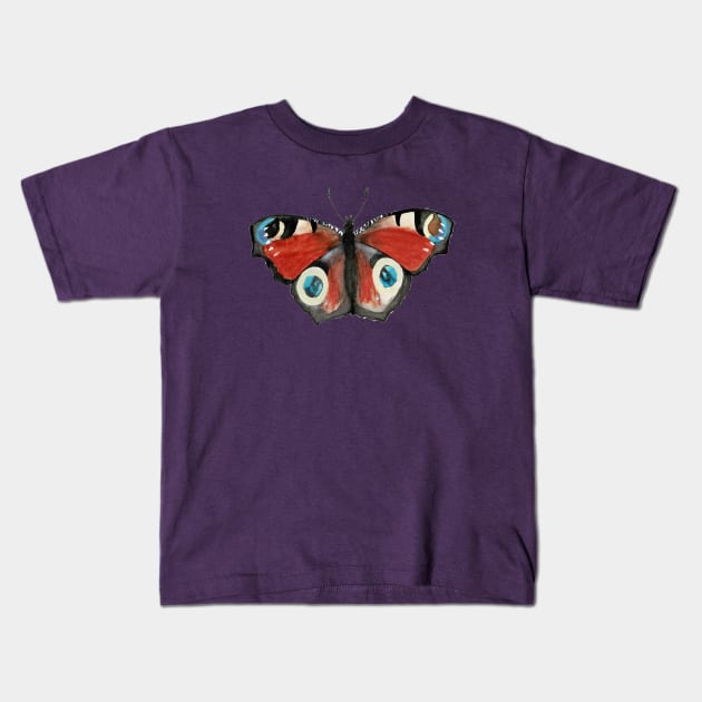 Peacock Butterfly Watercolor Illustration Kids T-Shirt by Danica Templeton Art